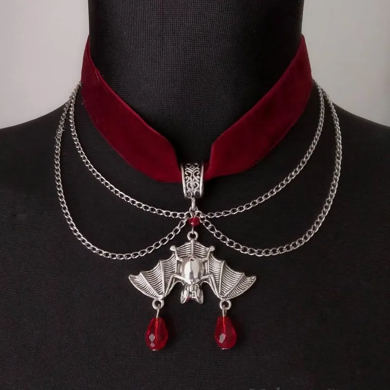 Gargantilla de terciopelo con colgante de murciélago - Goth red velvet choker pour femme collier chauve souris victorien magnifique punk gothique bijoux de vampire - Tenue de festival