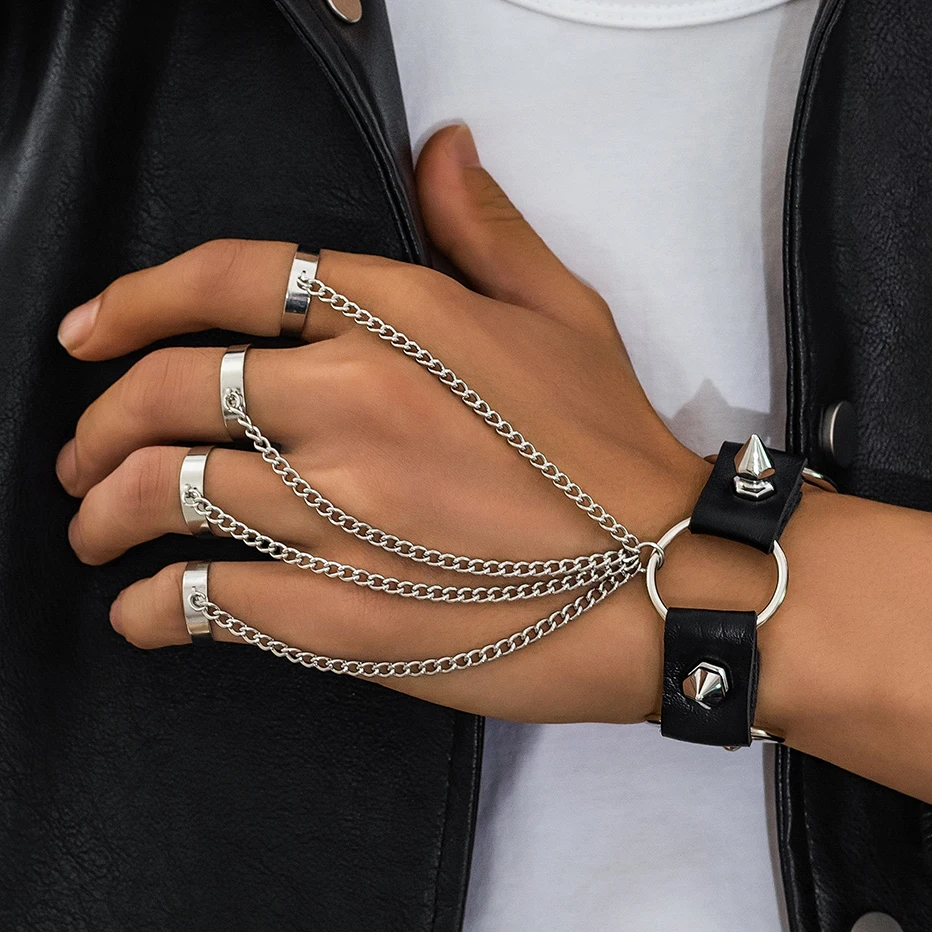 Pulseras punk de cuero con anillas - Ingmark bracelets de poignet en cuir pu noir vintage unisexe bijoux grunge cadeau steampunk pour homme - Tenue de festival
