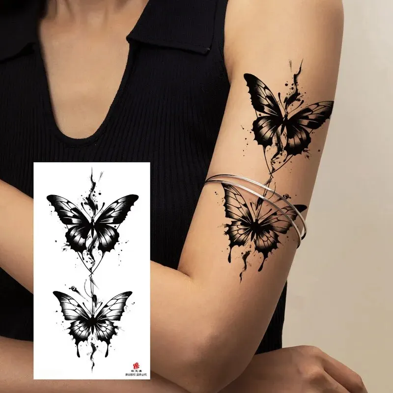 Tatuaje temporal mariposa - Tatouage temporaire papillon noir pour femme et homme faux autocollant fleur pour adulte mains art corporel - Tenue de festival