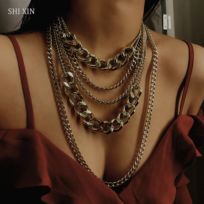 Collar de cadenas punk - Winterxin collier ras du cou punk exag r pour femme bijoux optiques superpos s lien cubain - Tenue de festival