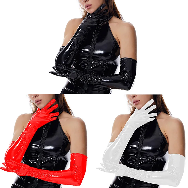 Guantes largos de cuero charolado - Kf s c dc bec a f a b k gants longs en cuir verni pour femme costume de cosplay aspect de support sexy longueur du - Tenue de festival