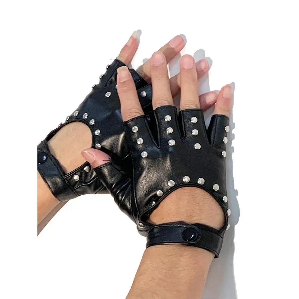 Mitones de cuero con metal - Kf s ef c e ba a a bda ef gants sans doigts en cuir pu noir pour femme demi doigt conduite mode punk brev halloween - Tenue de festival