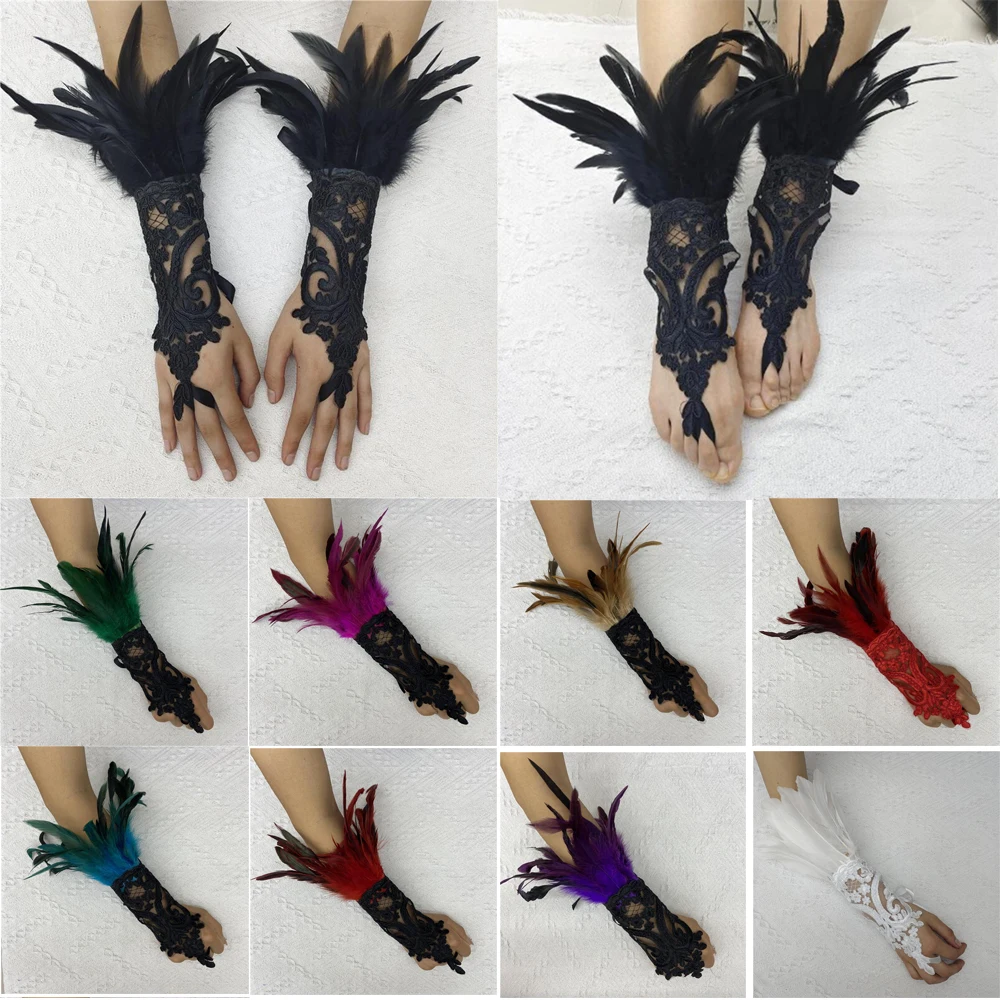 Guantes largos de encaje con plumas - Kf s dca e f de fcca a e ce m gants longs gothiques en plumes de dentelle pour femmes mitaines sexy manchon en maille crochet de - Tenue de festival