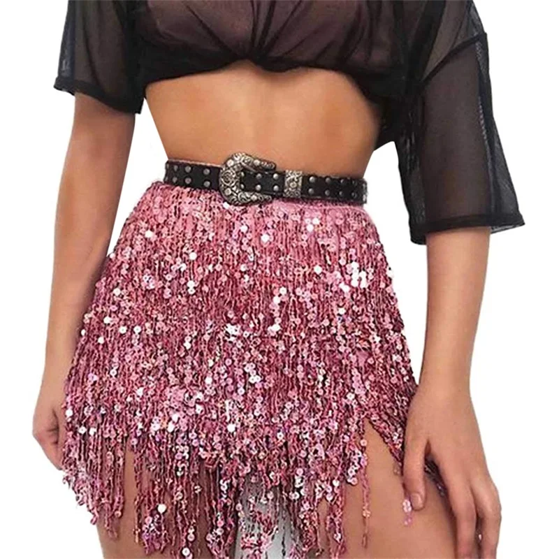 Minifalda de lentejuelas para mujer - Kf sa ff c f dca c f ean mini jupe franges paillet es pour femmes jupes de ventre sexy bretelles de taille r glables - Tenue de festival