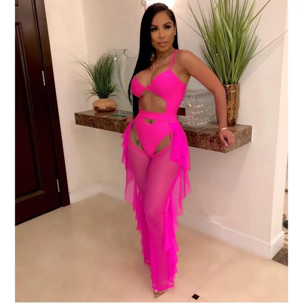 Conjunto de festival con volantes fluorescentes - Kf htb w v scrqk rjszk q xyypxas bkld surv tement de festival pour femme tenue de club ajour e bretelles spaghetti costume de - Ropa de festival