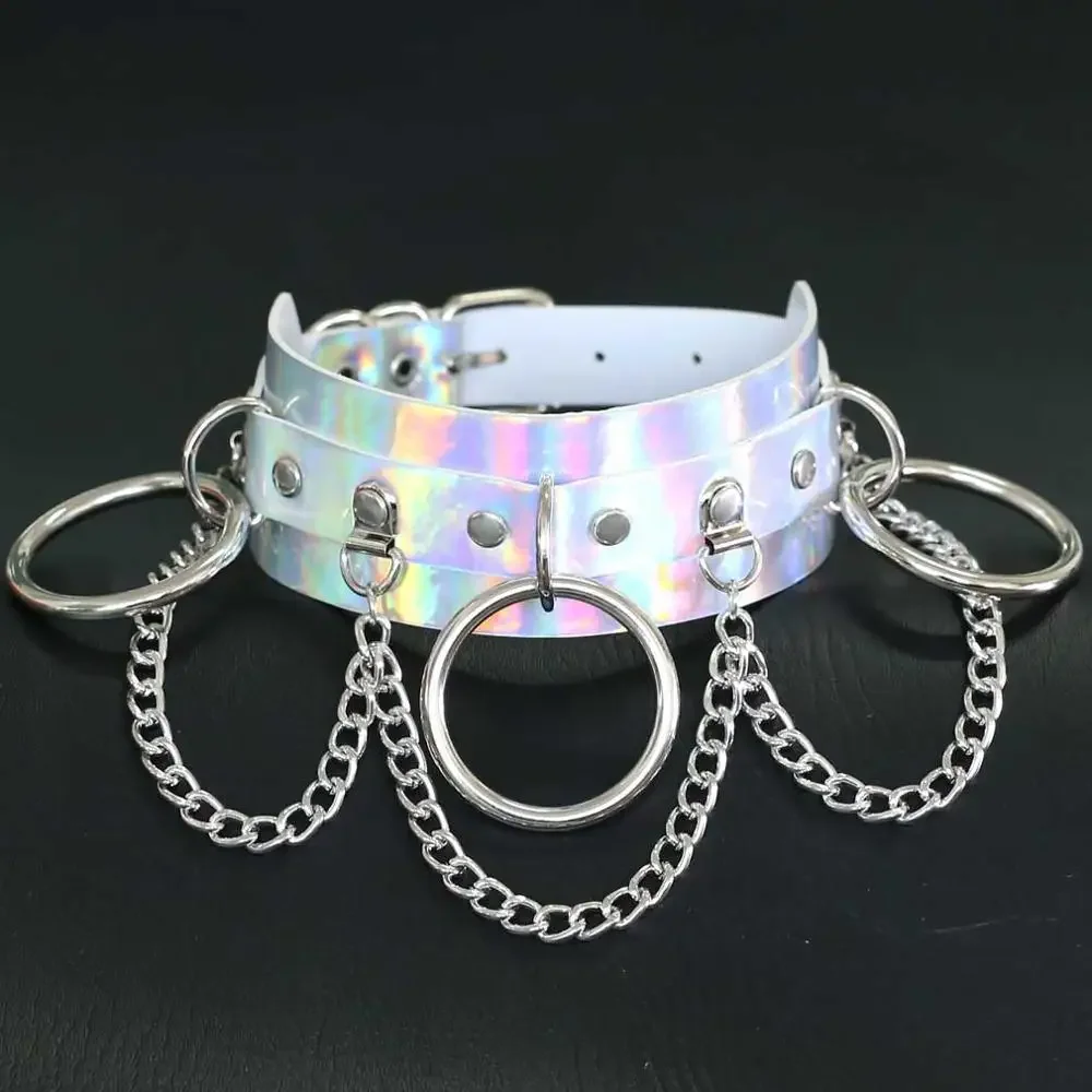 Collar holográfico con cadena punk - Kf s a a fa e b bdf a k collier holographique arc en ciel pour femme collier cha ne punk collier en cuir festival rave - Tenue de festival