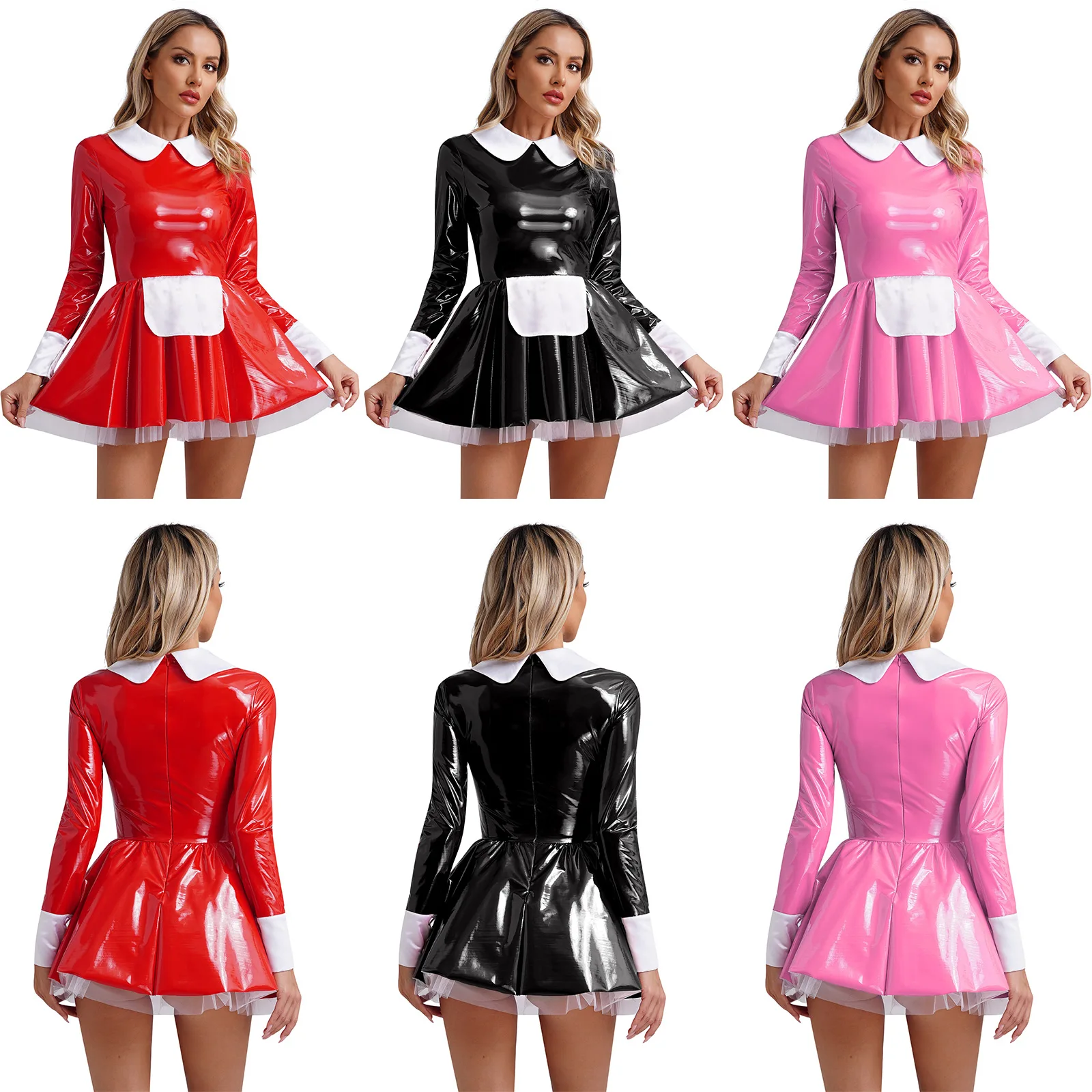 Vestido de doncella de látex - Kf s dc cc e a f e ex robe de femme de chambre fran aise en faux latex pour femme mini robe trap ze - Tenue de festival