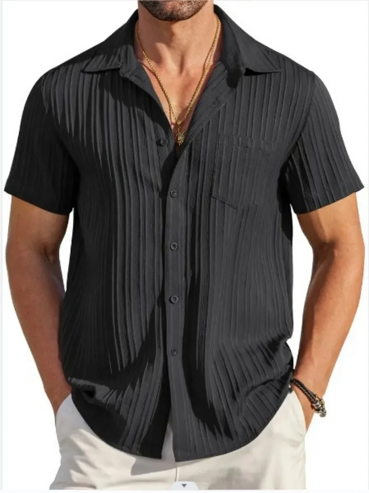 Camisa de rayas de manga corta - Kf s cb a a da ff ccfq chemise jacquard ray e manches courtes pour hommes bande de fosse poche poitrine revers plage ext - Tenue de festival