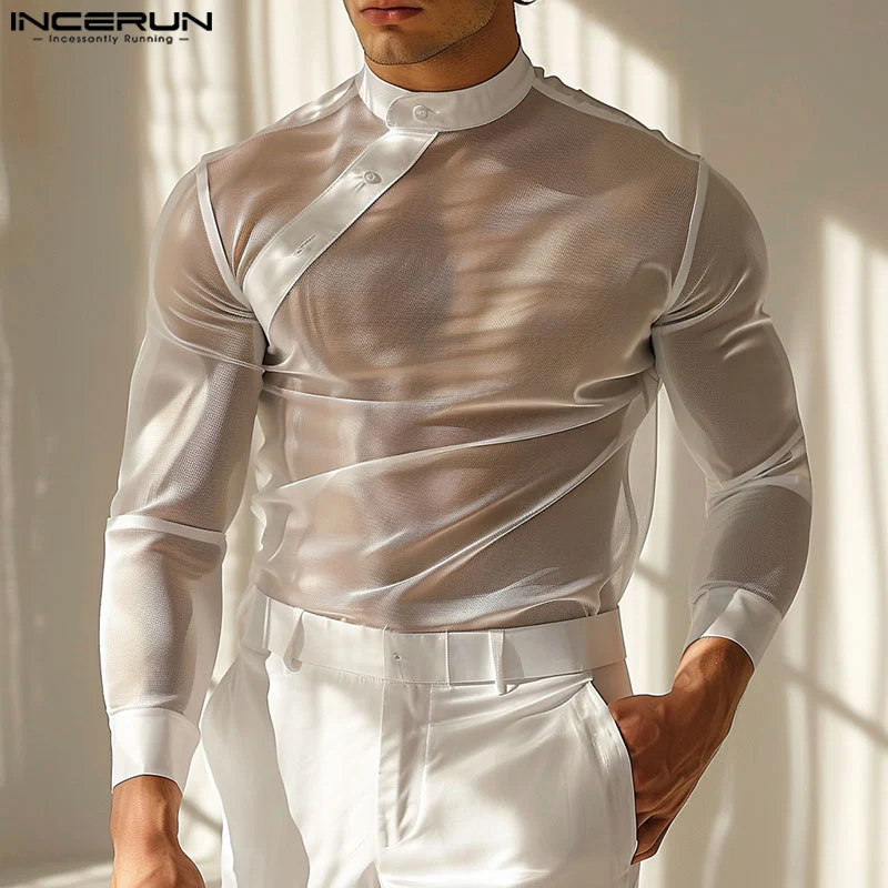 Camisa de malla transparente - Kf s b b eed df t incerun chemise manches sulfpour homme en maille transparente boutonn e surdimensionn e t - Ropa de festival