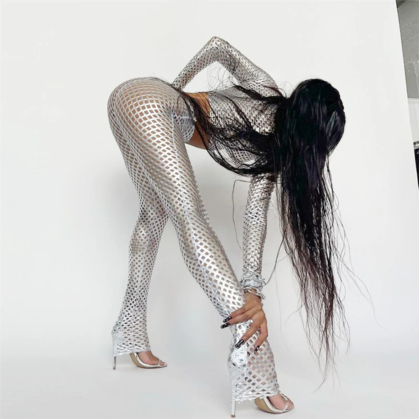 Conjunto de dos piezas recortadas brillante - Kf s f d d a f l ensemble deux pi ces vid es manches longues et col rond haut slim leggings moulants ensembles - Tenue de festival