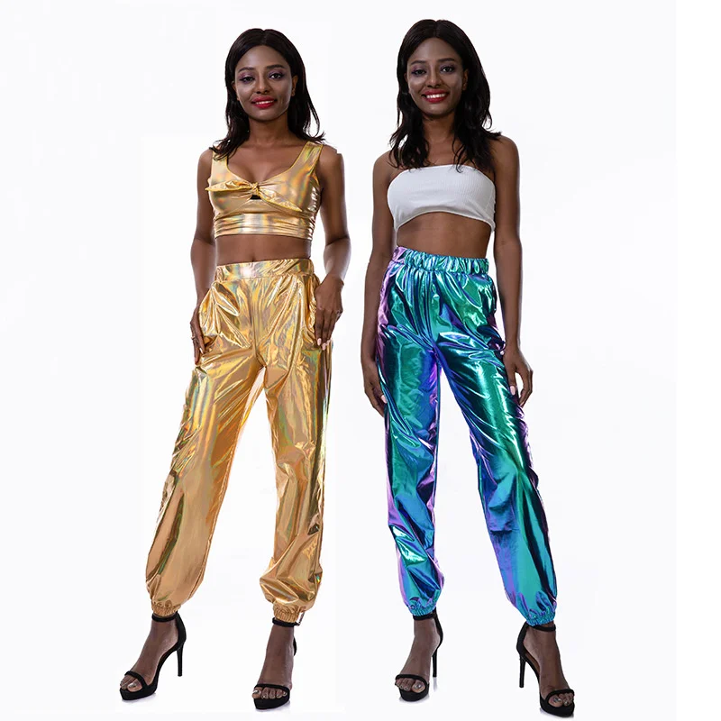 Pantalón holográfico - Kf s fbb ad c dc ec f d d jogging m tallique brillant taille haute pour femme streetwear d contract pantalon de coul e lisse - Tenue de festival