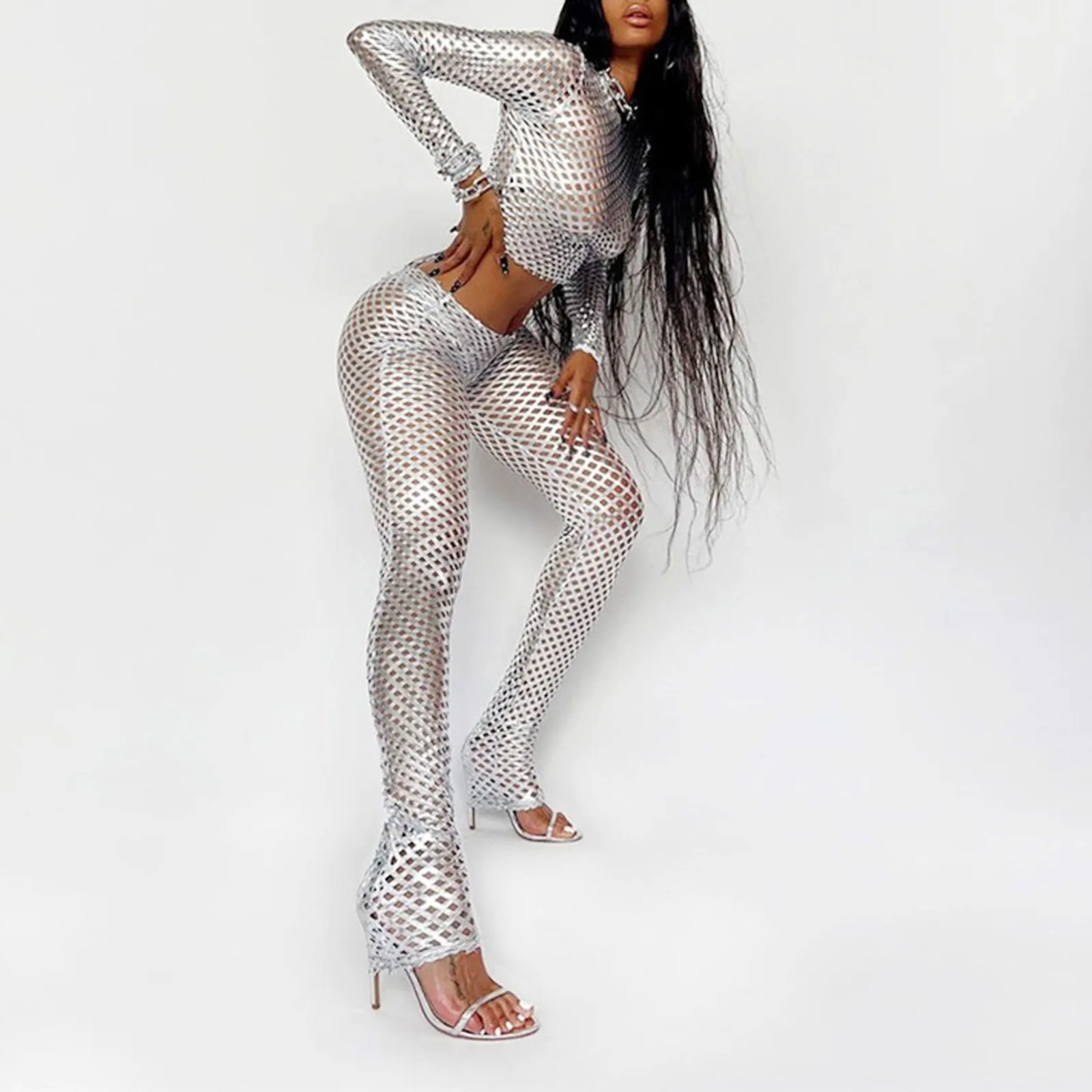 Conjunto de dos piezas recortadas brillante - Kf s cb be dfe ddb dcc ee ce x ensemble deux pi ces vid es manches longues et col rond haut slim leggings moulants ensembles - Tenue de festival