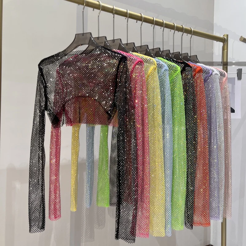 Crop top de lentejuelas - Kf s bf b aec a e f d b haut court diamant brillant sexy t shirt manches longues slim thin ms hot drill late audinightclub - Tenue de festival