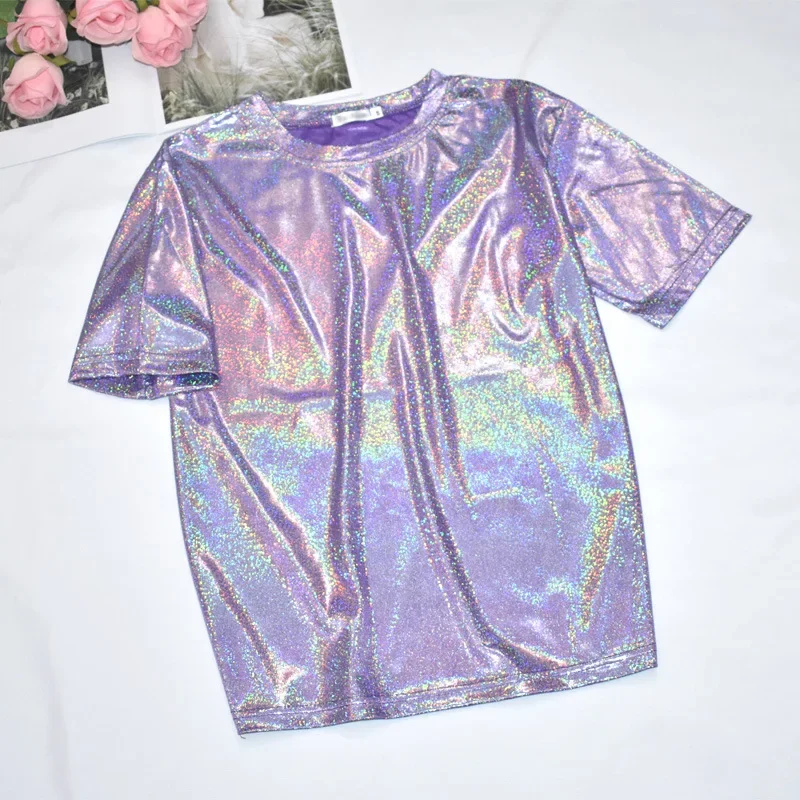 Camiseta efecto metal holográfico - Kf s e a a f b c b d fd da a t shirt m tallique holographique brillant pour femme col rond manches courtes d contract haut de - Ropa de festival