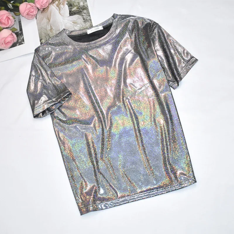 Camiseta efecto metal holográfico - Kf s a f c db be db d acf c t shirt m tallique holographique brillant pour femme col rond manches courtes d contract haut de - Ropa de festival