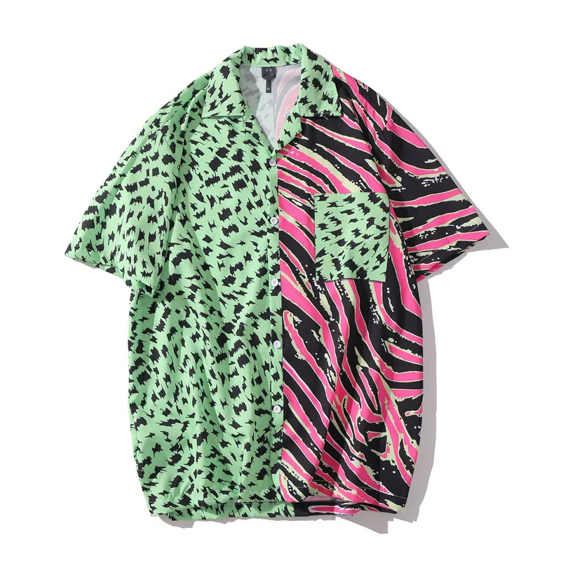 Camisas con estampado de leopardo verde y cebra rosa - Kf sa f edd c dbe c f ab aew chemises hawa ennes l opard vert ic ne fonc e pour hommes haut boutonn pour hommes - Ropa de festival
