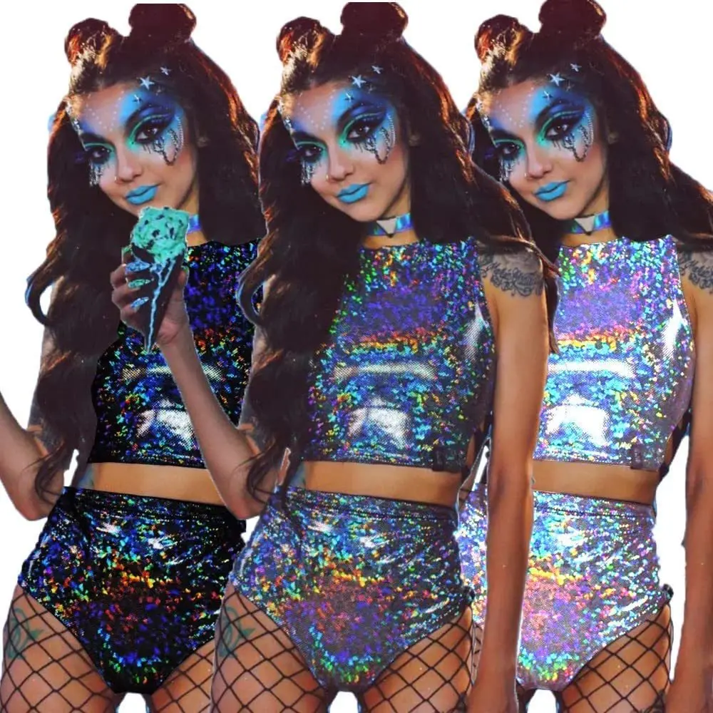 Conjunto de festival holográfico - Kf sa b d f b a fabb bd f c k tenue de festival holographique pour femme ensemble de pi ces pr cieux en fibres super - Tenue de festival