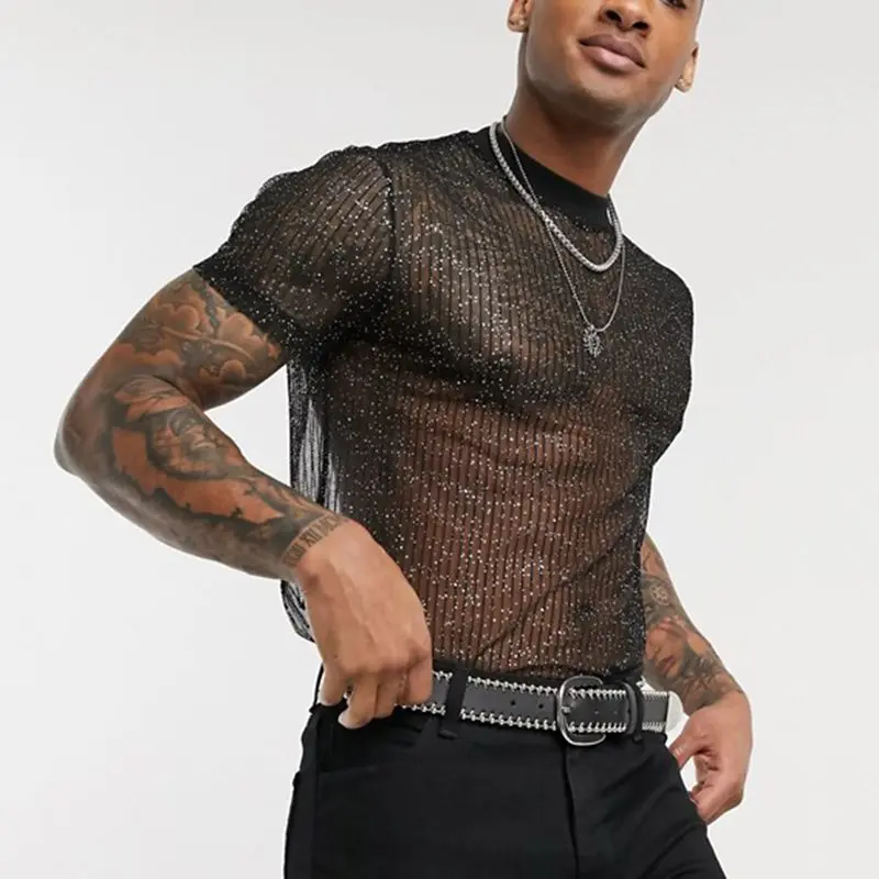 T-shirt en maille à manches courtes - Kf sa f af ff af b c adbb ab be t shirt en maille manches courtes pour hommes coupe couvertes brillant sexy transparent f te bo - Ropa de festival