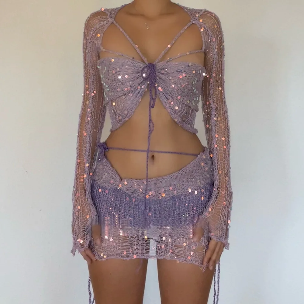 Conjunto de lentejuelas - Kf sa a b faaa c e r ensemble jupe et robe tricot s paillettes pour femmes crochet avec paillettes court sexy robe l - Tenue de festival
