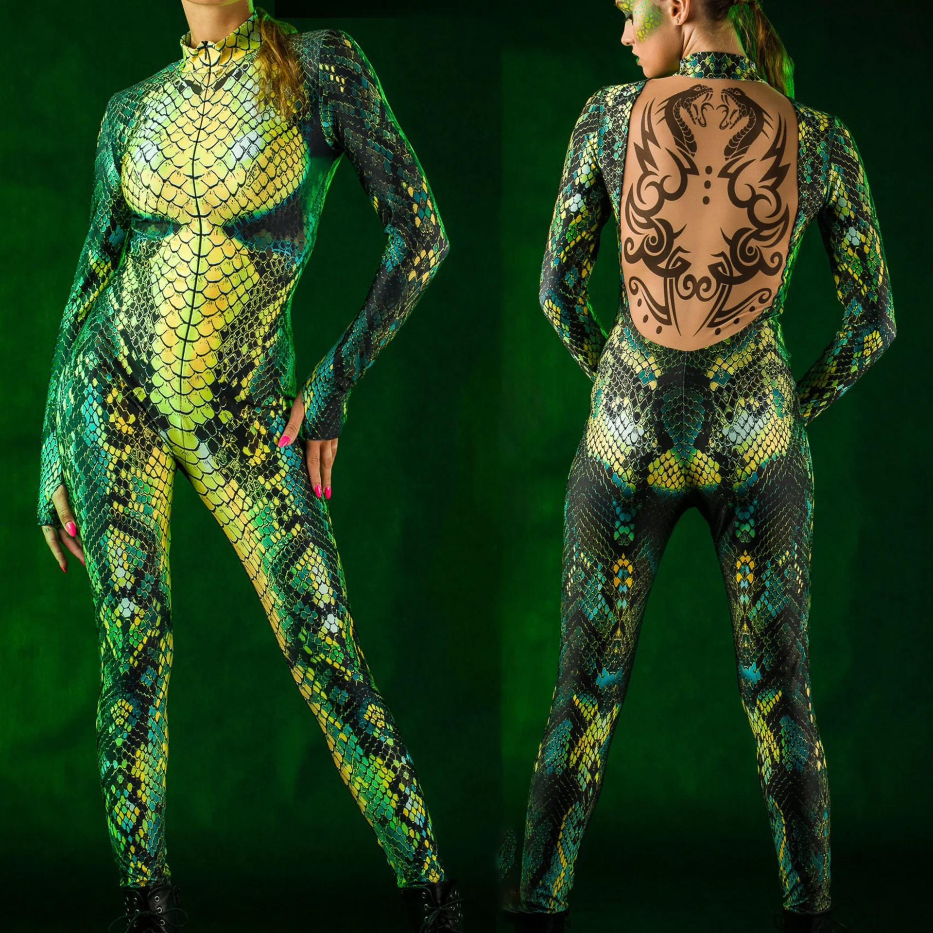 Mono efecto piel de serpiente - Kf sb f a fe f ae dd f b c combinaison de salle verte pour femme costume de batterie animale costume de rave tenue de f - Tenue de festival