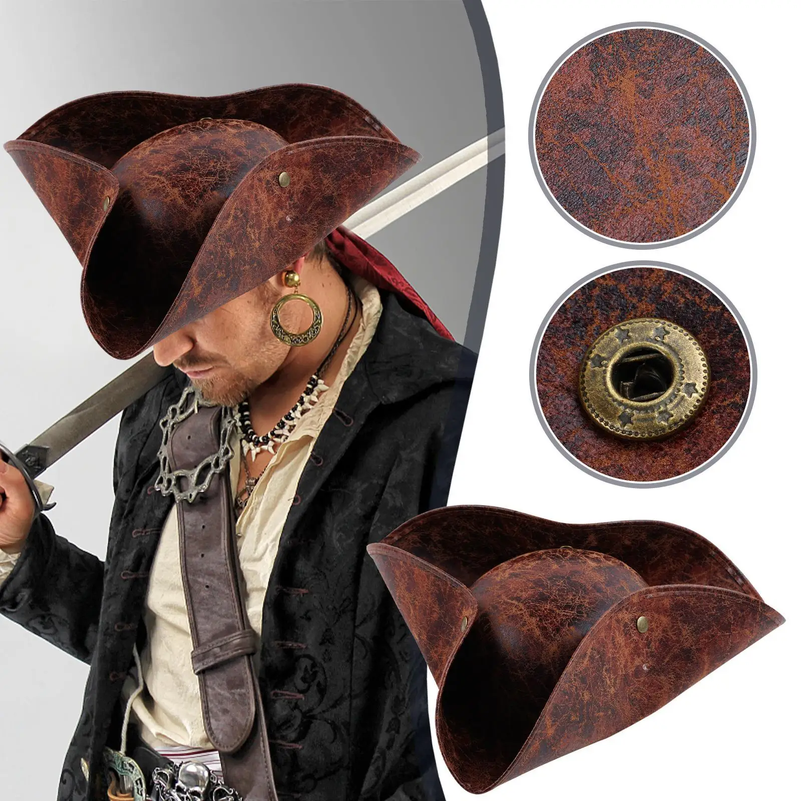 Sombrero de capitán pirata - Kf sc de d a fc e bd d y chapeau de capitaine marron en similicuir pour hommes et femmes adultes accessoires de costume de cosplay - Tenue de festival
