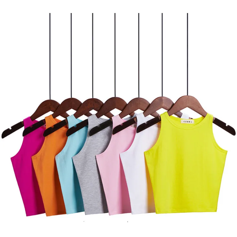 Camiseta sin mangas monocromática - Kf sc b f e bc f dae c f bustier court en coton multicolore pour femme haut sexy haut court en fibre couleurs mode - Ropa de festival