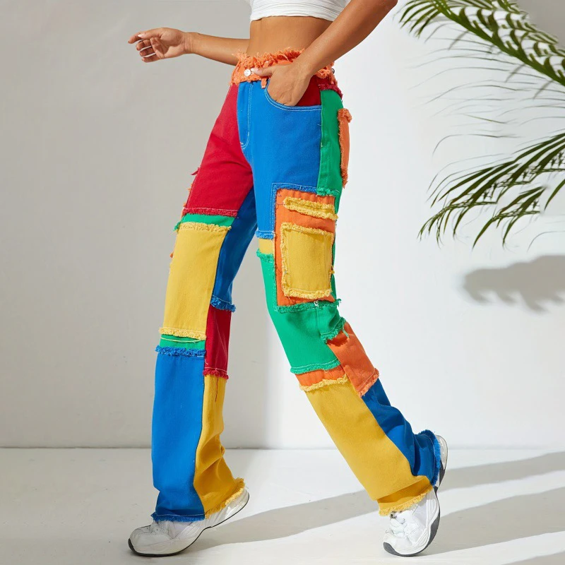 Jean à patchworks colorés - Kf sd e afc c d e eb f d bdk jeans color s bloqu s par documents pour femmes pantalons de rue de personnalit jeans en - Ropa de festival