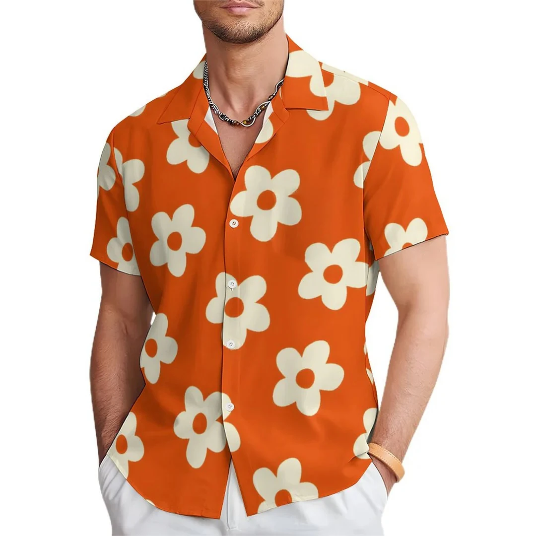 Camisa floral - Kf sdba b e d f c d d d r chemise florale destroy andrcasual pour hommes revers d t manches courtes violet orange fleur chemise hawa - Tenue de festival