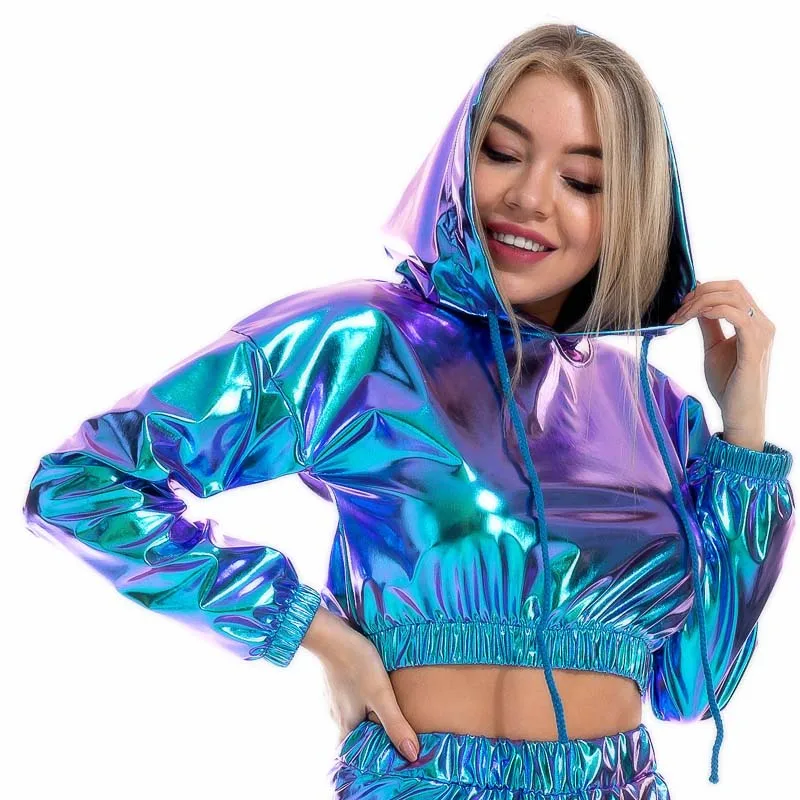 Sudadera con capucha holográfica - Kf h d b c d cfa a f sweat shirt holographique court manches longues pour femmes sweat shirt capuche m tallique brillant avec cordon - Tenue de festival