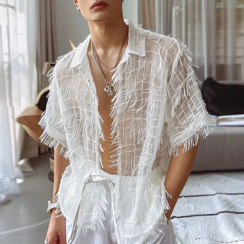 Camisa de gasa de seda para hombre - Kf s fb e c abd d f eee b fd incerun chemise en mousseline de soie pompons pour hommes revers transparent manches courtes streetwear sexy v - Ropa de festival