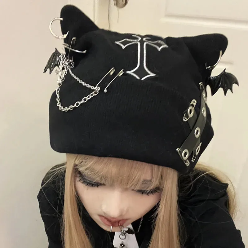 Gorro gótico emo con cadena - Kf sbcc dee e aaf ebfb a el casquettes hip hop egirl pour adolescents accessoires punk chapeaux chauds streetwear gothique sc ne emo sombre - Tenue de festival