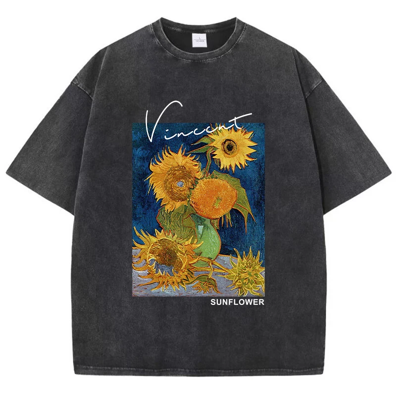 Camiseta oversize Van Gogh – Los Girasoles - Kf sd fb c a ca cf bc c f t shirt imprim van gogh tournesol pour homme coton v tement respirant et d contract - Tenue de festival