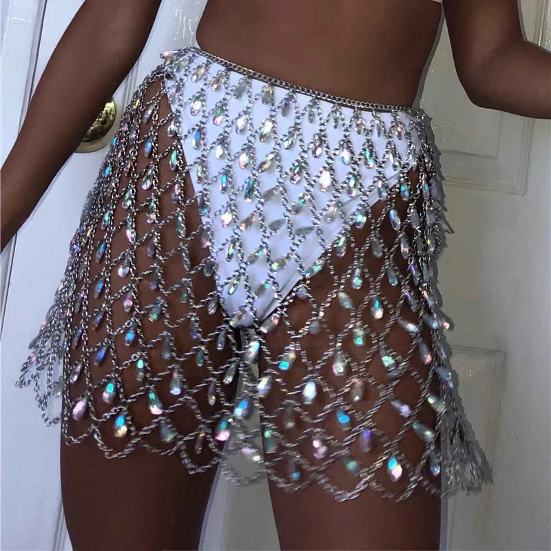 Minifalda de cadena y cristales para festival - Kf sdeba d e e f c f f mini jupe sexy scintillante pour femme cristal diamants m tal pendentif brillant bo te de nuit - Tenue de festival