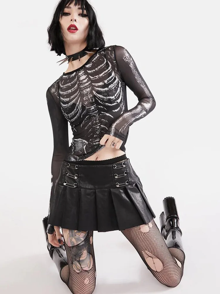 Top corto gótico de manga larga con estampado de esqueleto - Kf sefcc bfe a b c e bea haut court manches longues et col rond pour femmes chemise gothique punk motif sleton modules noir - Tenue de festival