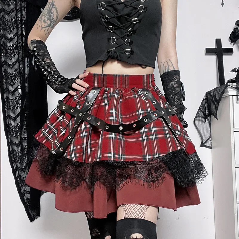 Falda plisada de cuadros gótica - Kf sfa ce a da e e a eab f c ebg jupe pliss e carreaux gothique harajuku pour filles mini jupes lolita cake dentelle douce punk v - Tenue de festival