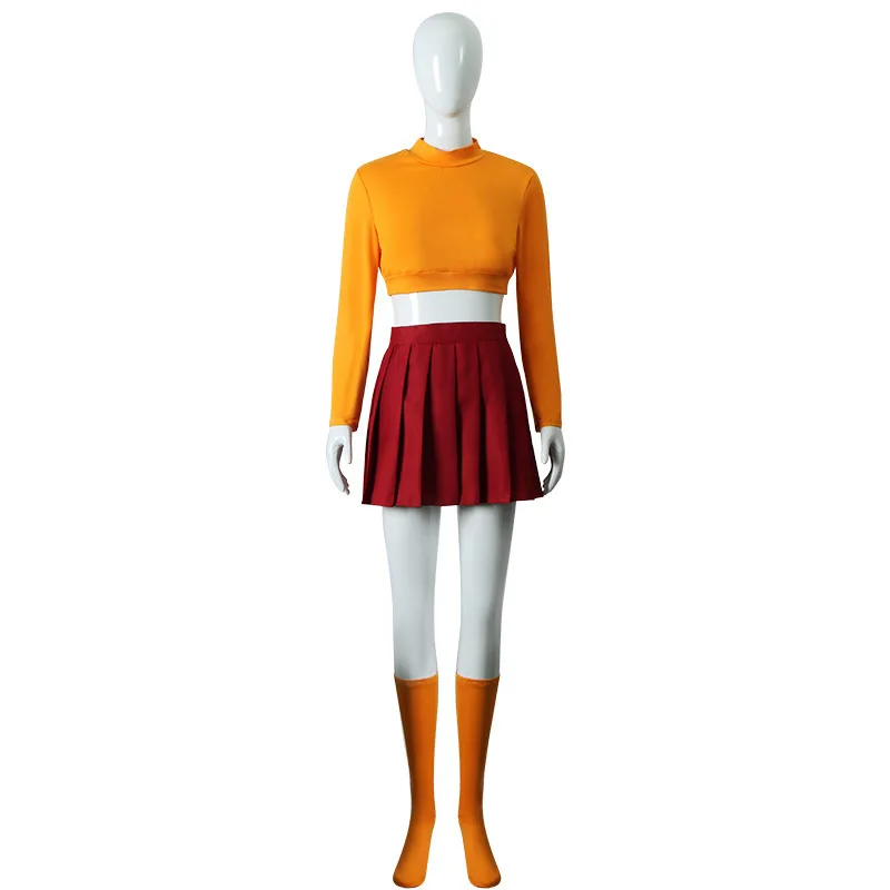 Disfraz de cosplay «Vera Dinkley» en Scooby-Doo (con crop-top) - Kf s ec a d bea a ee c au anime velma seragam cosplay ensemble jupe courte orange kostum uniforme wanita oranye kaus kaki rok atas - Tenue de festival