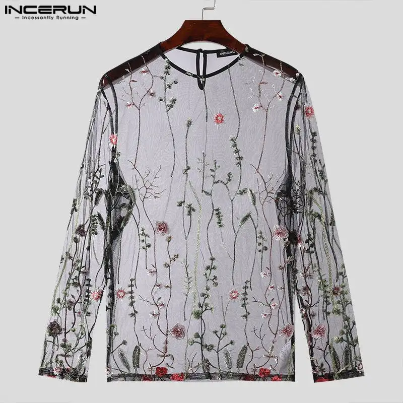 Camiseta de manga de malla transparente con bordado de flores. - Kf s abb a a f c e f t incerun t shirt manches longues et col rond pour hommes maille transparente broderie streetwear sexy v - Ropa de festival