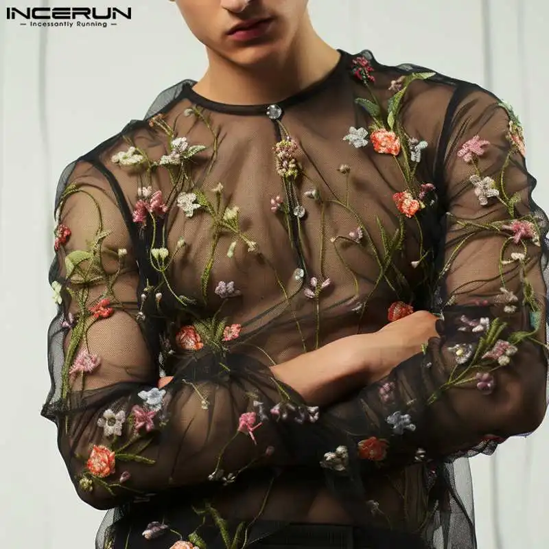 Camiseta de manga de malla transparente con bordado de flores. - Kf sb ba dc c b ebfcbc incerun t shirt manches longues et col rond pour hommes maille transparente broderie streetwear sexy v - Ropa de festival